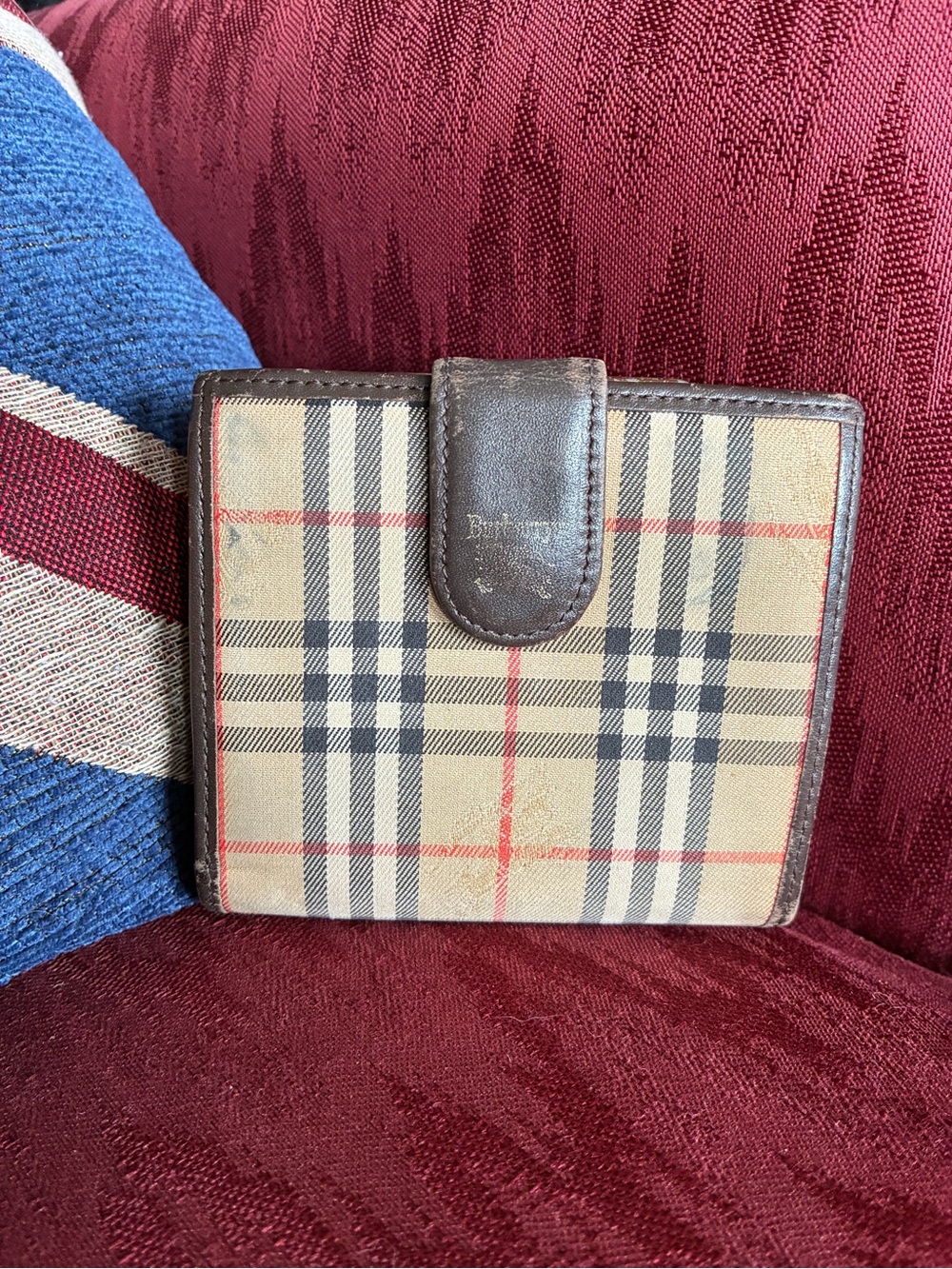 Burberrys Nova Check Purse Wallet with Horse Logo and Brown Leather Trim